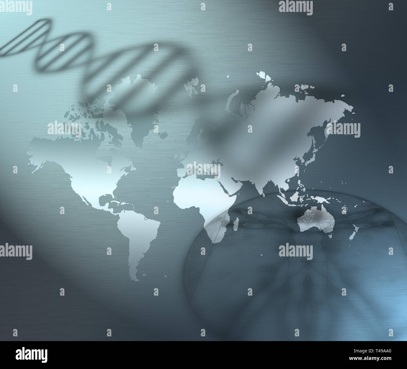 Moderne Kunst - Evolution. DNA-Strang und Weltkarte. Schatten Der Vitruvianische Mensch Stockfoto