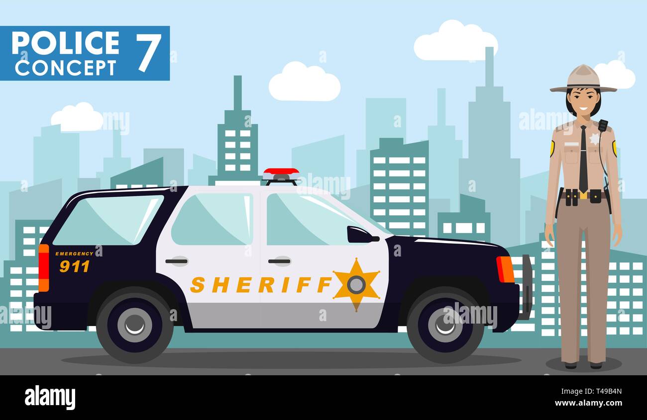Polizei Konzept. Ausführliche Darstellung der Polizistin, Sheriff auf Hintergrund mit Polizeiauto und Stadtbild im flachen Stil. Vector Illustration. Stock Vektor