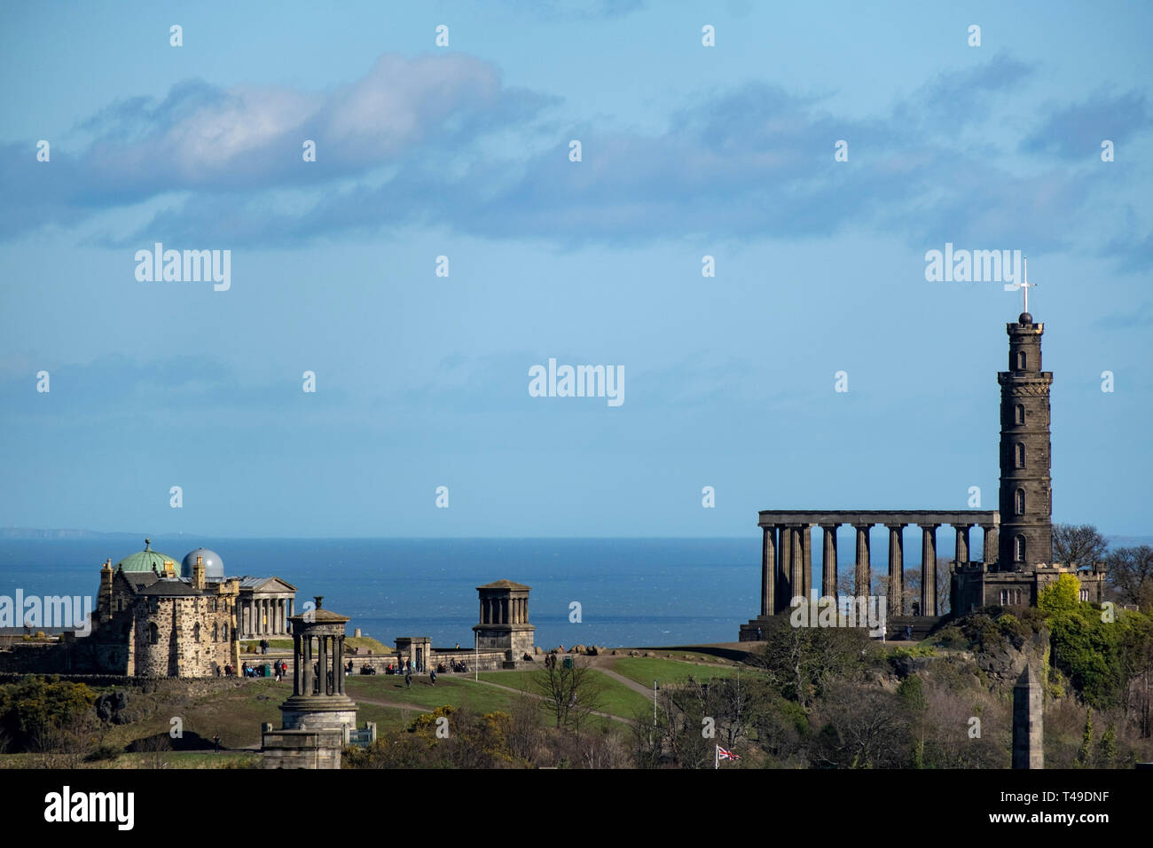 Nelson Denkmal, Playfair Monument und Kollektive auf Calton Hill, Edinburgh, Schottland, Großbritannien, Europa Stockfoto