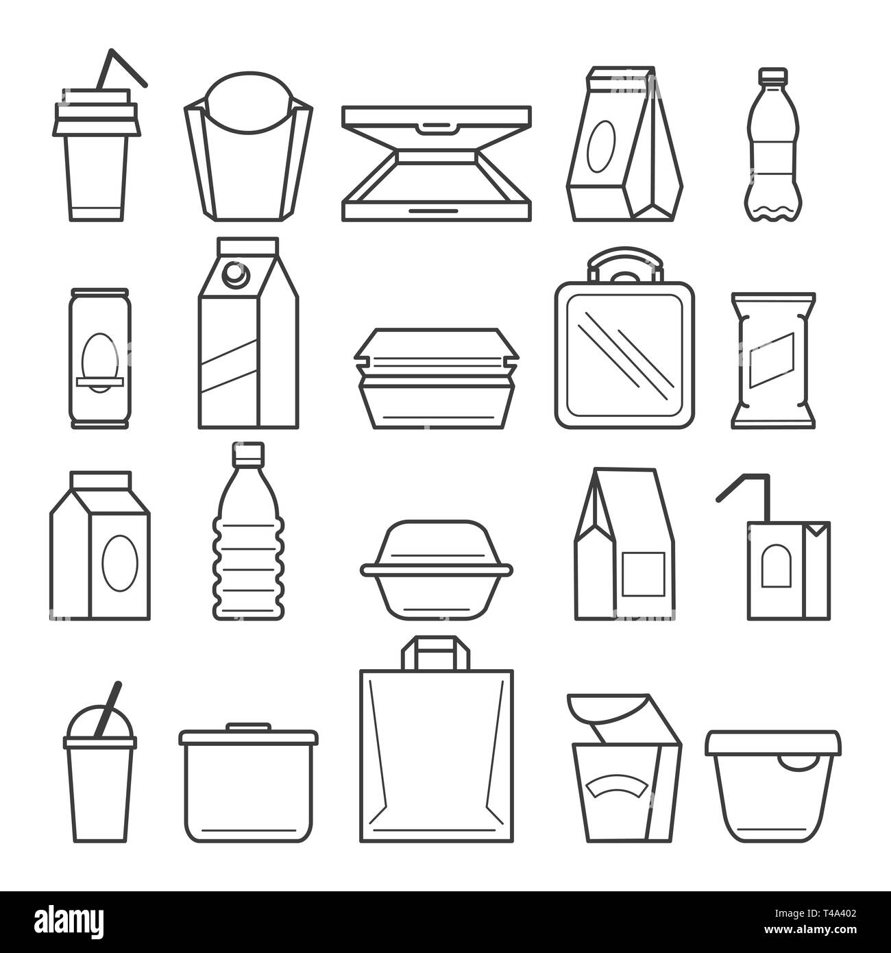 Fast food Verpackung Symbole. Take away Food Box und street Mahlzeit Paket, Mittag essen, Container oder Kunststoff und Papier snack Lunchbox Stock Vektor