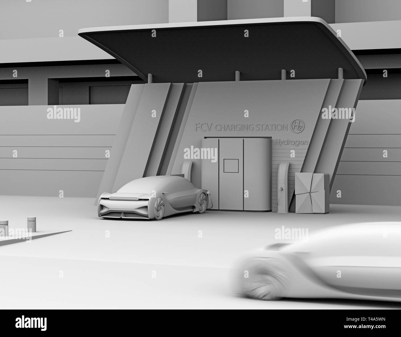 Ton Rendering der Brennstoffzelle autonomen Auto Füllgas in Brennstoffzelle Wasserstoff entfernt. 3D-Bild. Stockfoto