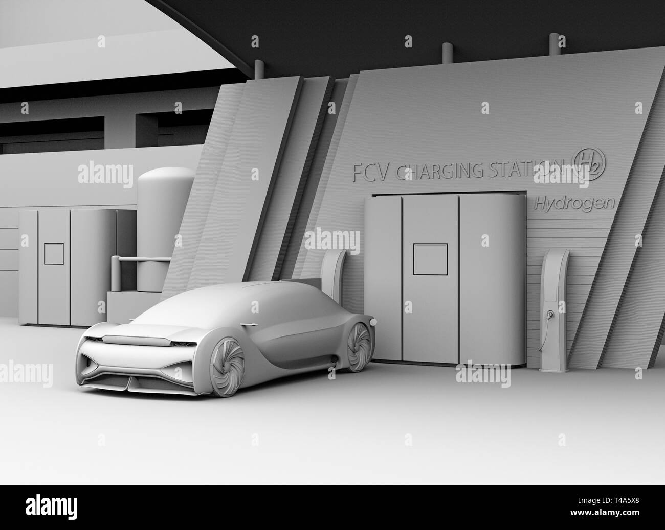 Ton Rendering der Brennstoffzelle autonomen Auto Füllgas in Brennstoffzelle Wasserstoff entfernt. 3D-Bild. Stockfoto