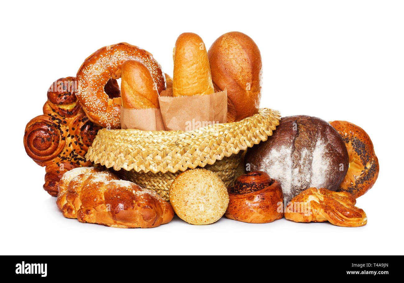 Auswahl an Brot isoliert auf weißem Stockfoto