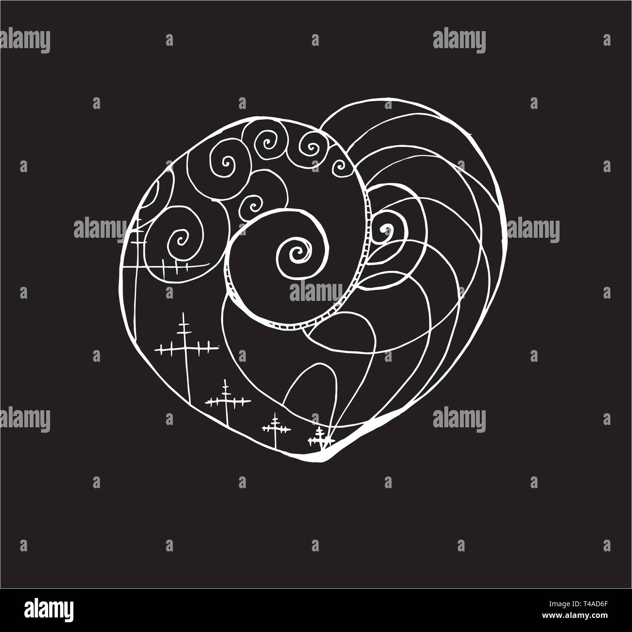 Abbildung mit Spannung Säulen, Spiralen, Wellen, eingeschrieben in das Herz. Technik und Fortschritt. Kreide auf einer Tafel. Stock Vektor