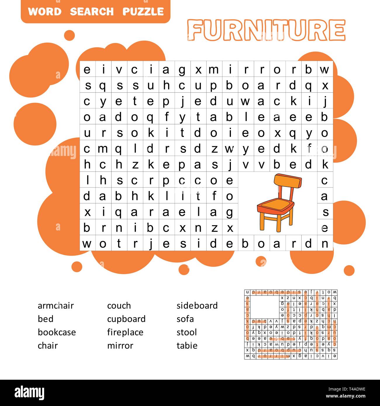 Kreuzworträtsel - Wohnzimmer Möbel - lernen englische Wörter. Word Search  Puzzle. Arbeitsblatt für Kinder. Bunte druckbare Version mit Antwort  Stock-Vektorgrafik - Alamy