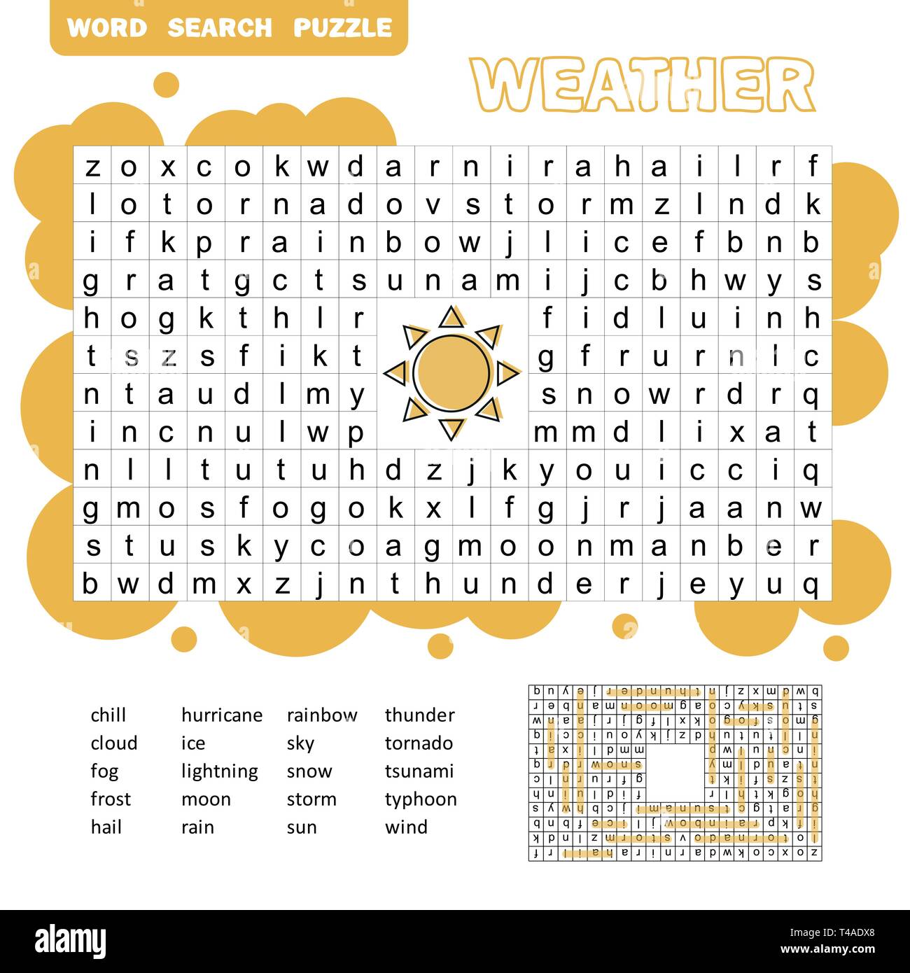 Worte Rätsel Lernspiel. Die Buchstaben in der richtigen Reihenfolge an. Vokabeln lernen. Cartoon Wetter. Stock Vektor