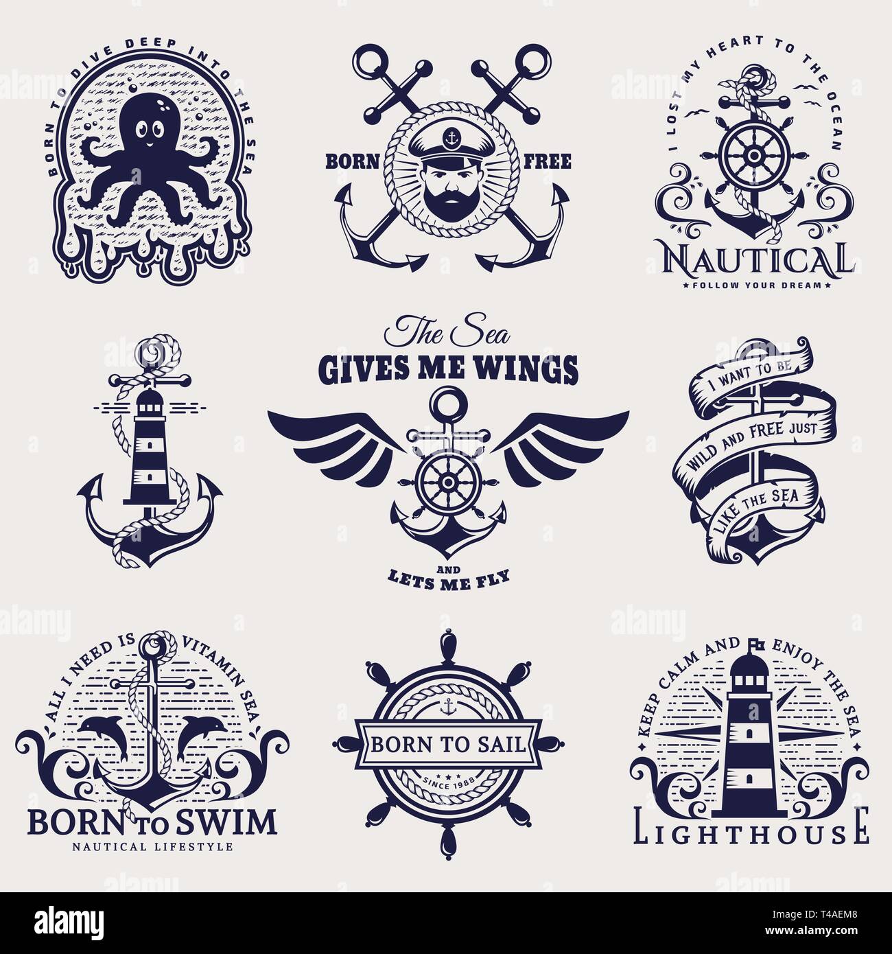 Eingestellt von nautischen Embleme mit Anker, Lenkrad, Leuchtturm, Seaman, Meer Tiere. Sammlung von Vektor Abzeichen für t-shirt design, Firmenlogos. Stock Vektor
