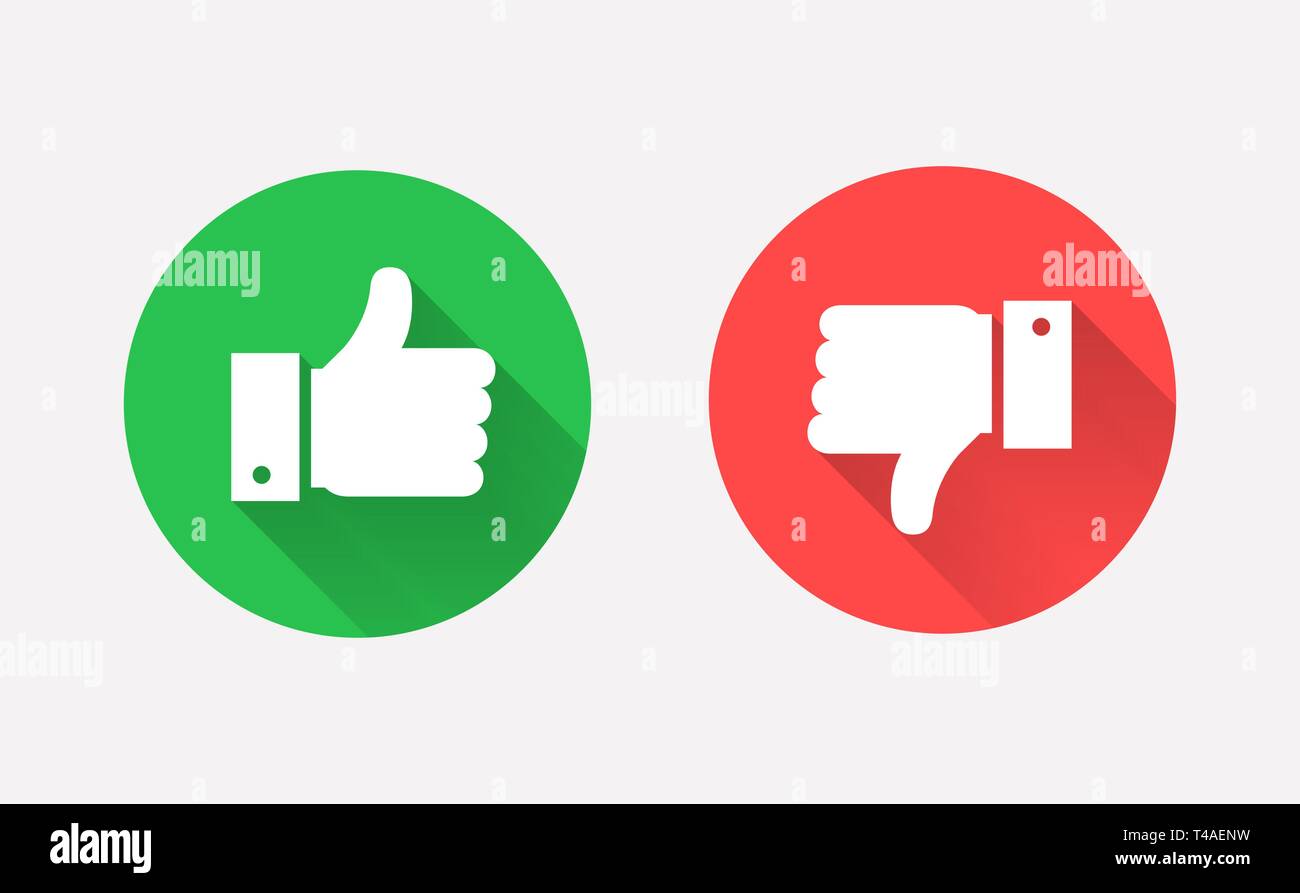Daumen nach oben und unten flach Symbole. Hände, Vorlieben und Abneigungen. Moderne Kreis Symbole mit langen Schatten für Social Media oder Apps. Vektor. Stock Vektor