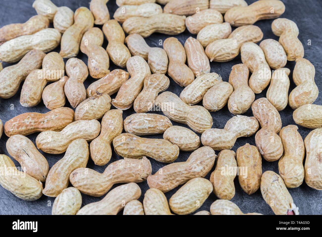 Erdnüsse auf einer Schiefertafel Küchenarbeitsplatte mit freien Raum in der Mitte Stockfoto