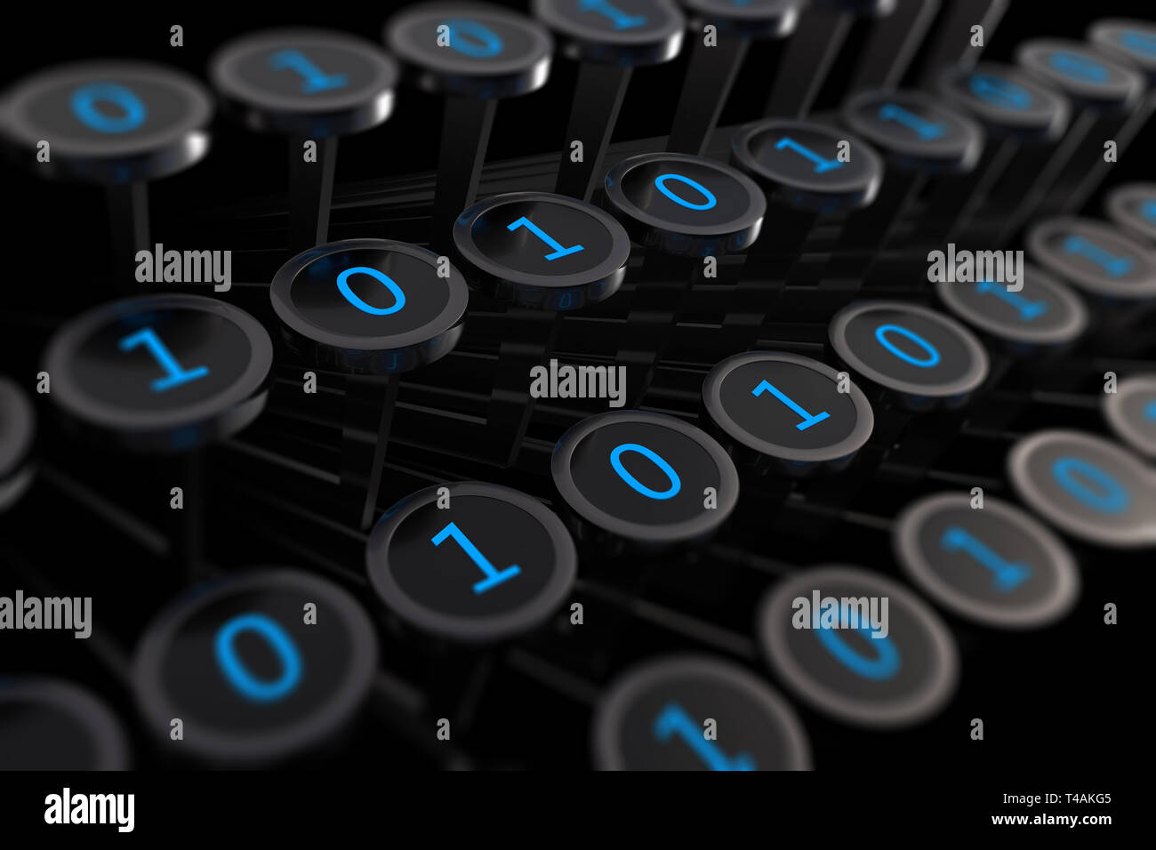 3D-Illustration: vintage Schreibmaschine mit Zahlen Eins und Null anstelle von Buchstaben auf den Tasten. Maschinencode. Binäre Sprache programmieren. Techno Kunst Stockfoto