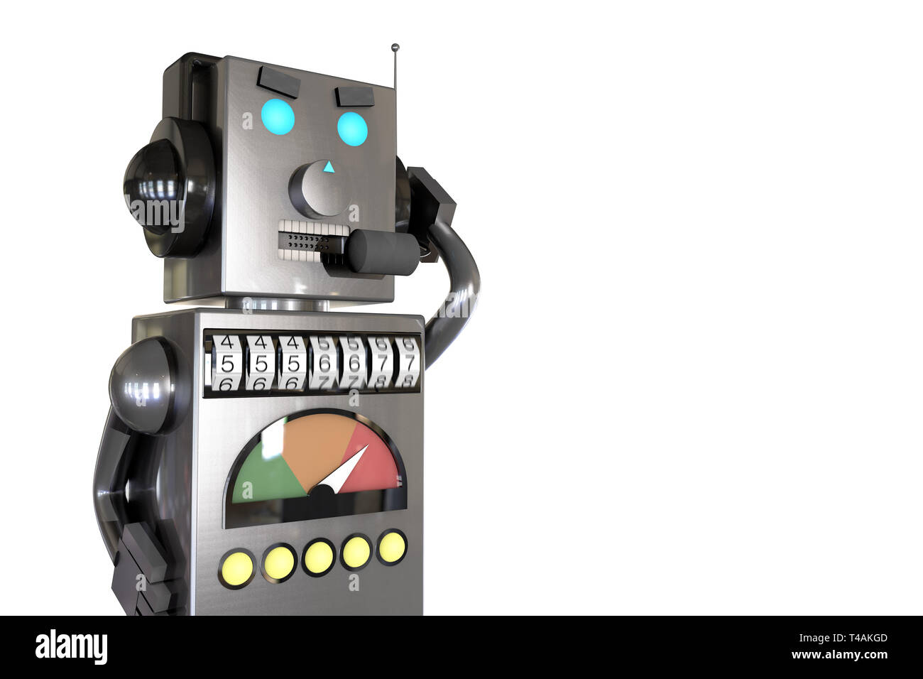 3D-Illustration: graues Metall Roboter in Kopfhörer mit Headset telefonieren  Kunden mit ärgerlichen Anzeigen, wählt die Telefonnummer zufällig, Spambot,  robocalls Stockfotografie - Alamy