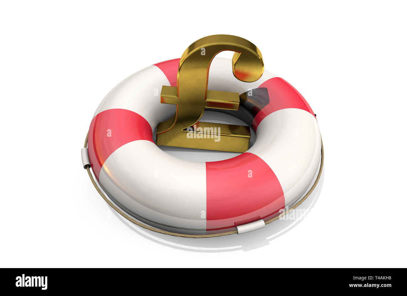 3D-Illustration: Golden Symbol des Pfund Sterling auf einen Rettungsring, auf weißem Hintergrund. Unterstützung für die britische Wirtschaft. Finanzielle Injektion. Stockfoto