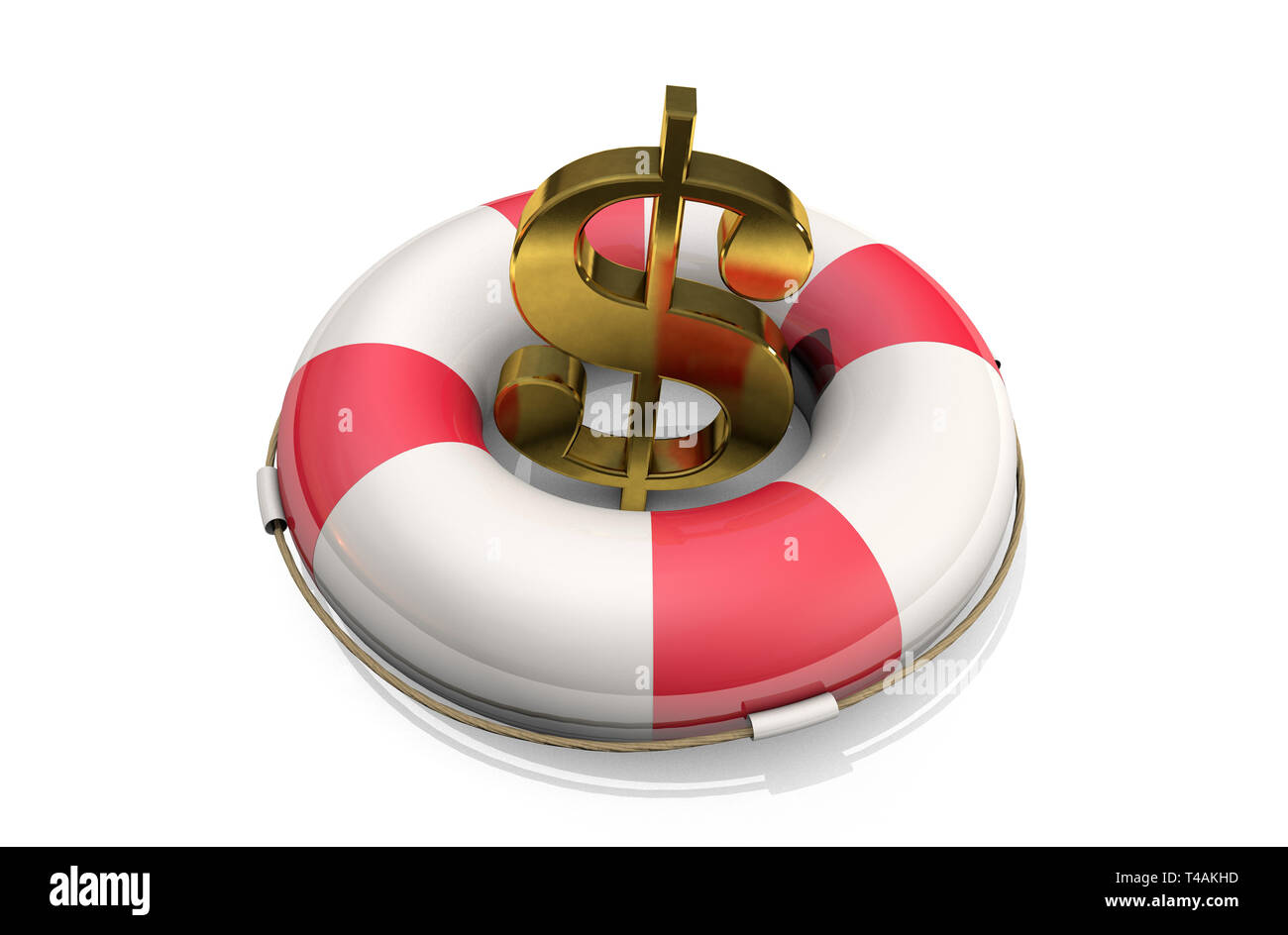3D-Illustration: goldenen Symbol der Dollar auf einem Rettungsring, auf weißem Hintergrund. Unterstützung für die Wirtschaft der Vereinigten Staaten. Finanzielle Injektion. Stockfoto