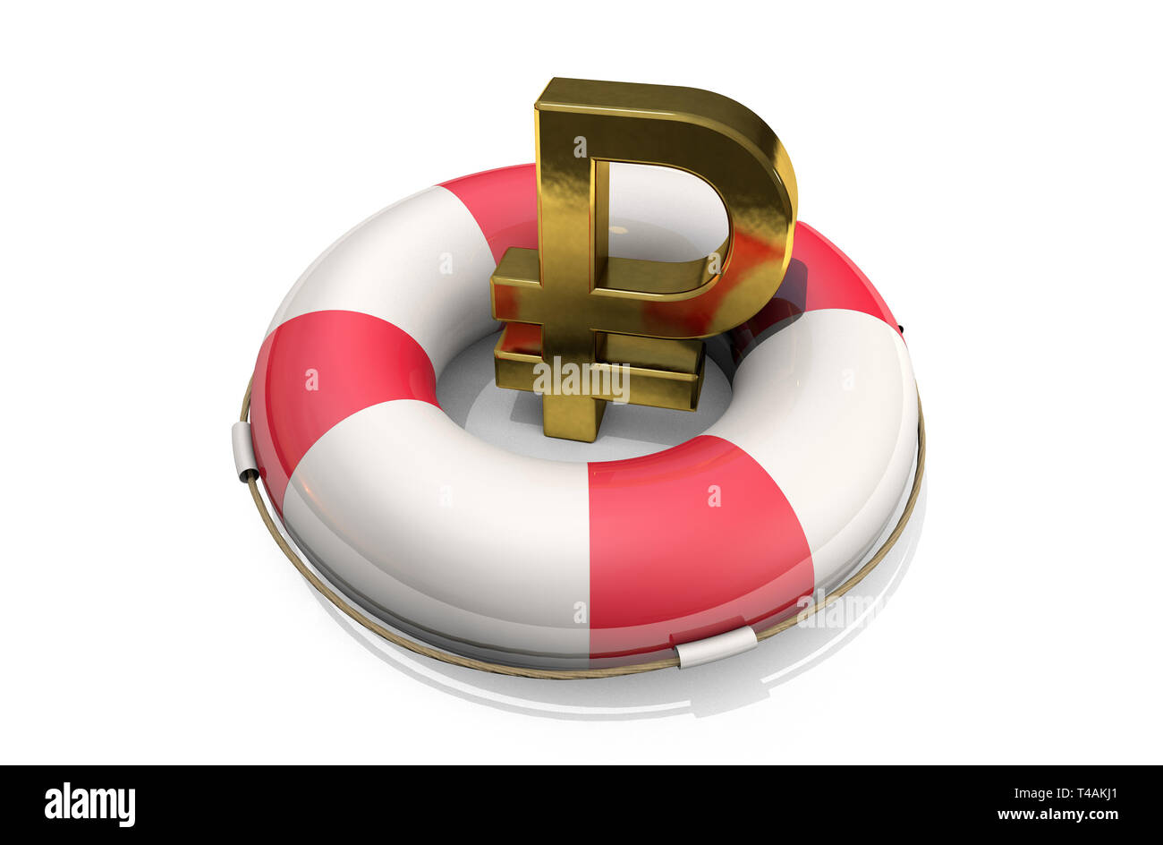 3D-Illustration: goldenen Symbol der Rubel auf einem Rettungsring, auf weißem Hintergrund. Unterstützung für die russische Wirtschaft. Finanzielle Injektion. Russland Stockfoto
