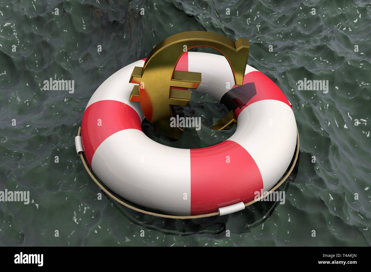 3D-Illustration: Golden Symbol des Euro auf einem Rettungsring, auf dem Hintergrund des schlammigen Wasser. Unterstützung für die Wirtschaft der Europäischen Union. Finanzielle Injektion Stockfoto