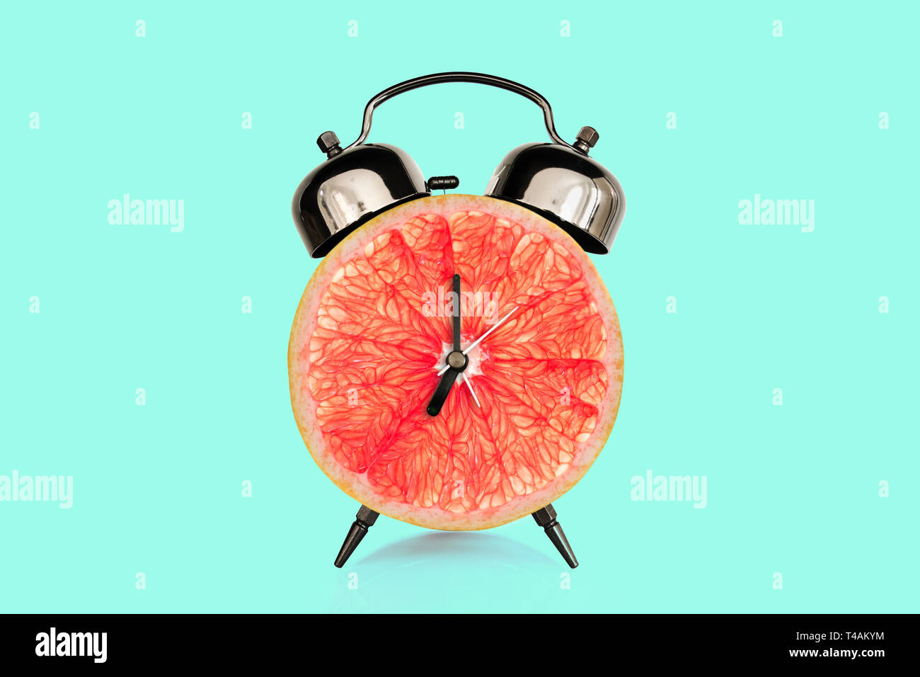 Grapefruit Slice auf Wecker, blau Pastell Hintergrund. Obst und Vitamine Ernährung beim Frühstück Ernährung Konzept Stockfoto