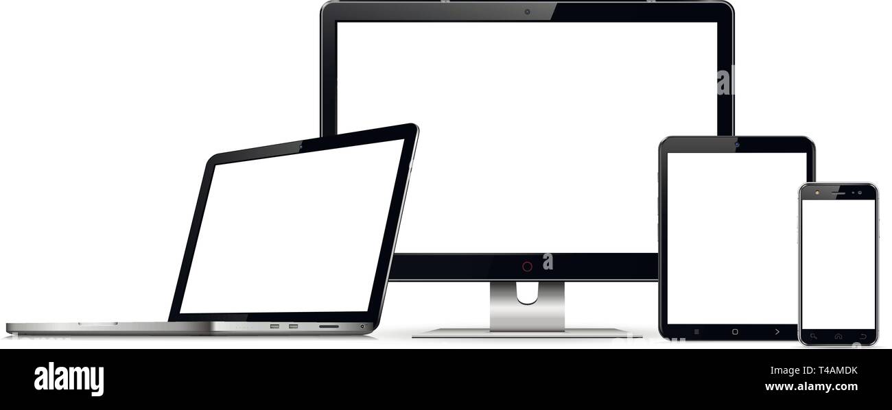 Satz von schwarzen Bildschirmen mit Computer Monitor, Laptop, Tablet-PCS und Smartphones Stock Vektor