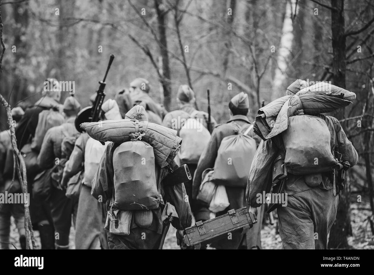 Re-enactors als Zweiter Weltkrieg russisch-sowjetischen Soldaten der Roten Armee Marschieren durch den Wald im Herbst Tag gekleidet. Foto in den Farben Schwarz und Weiß. Soldat O Stockfoto