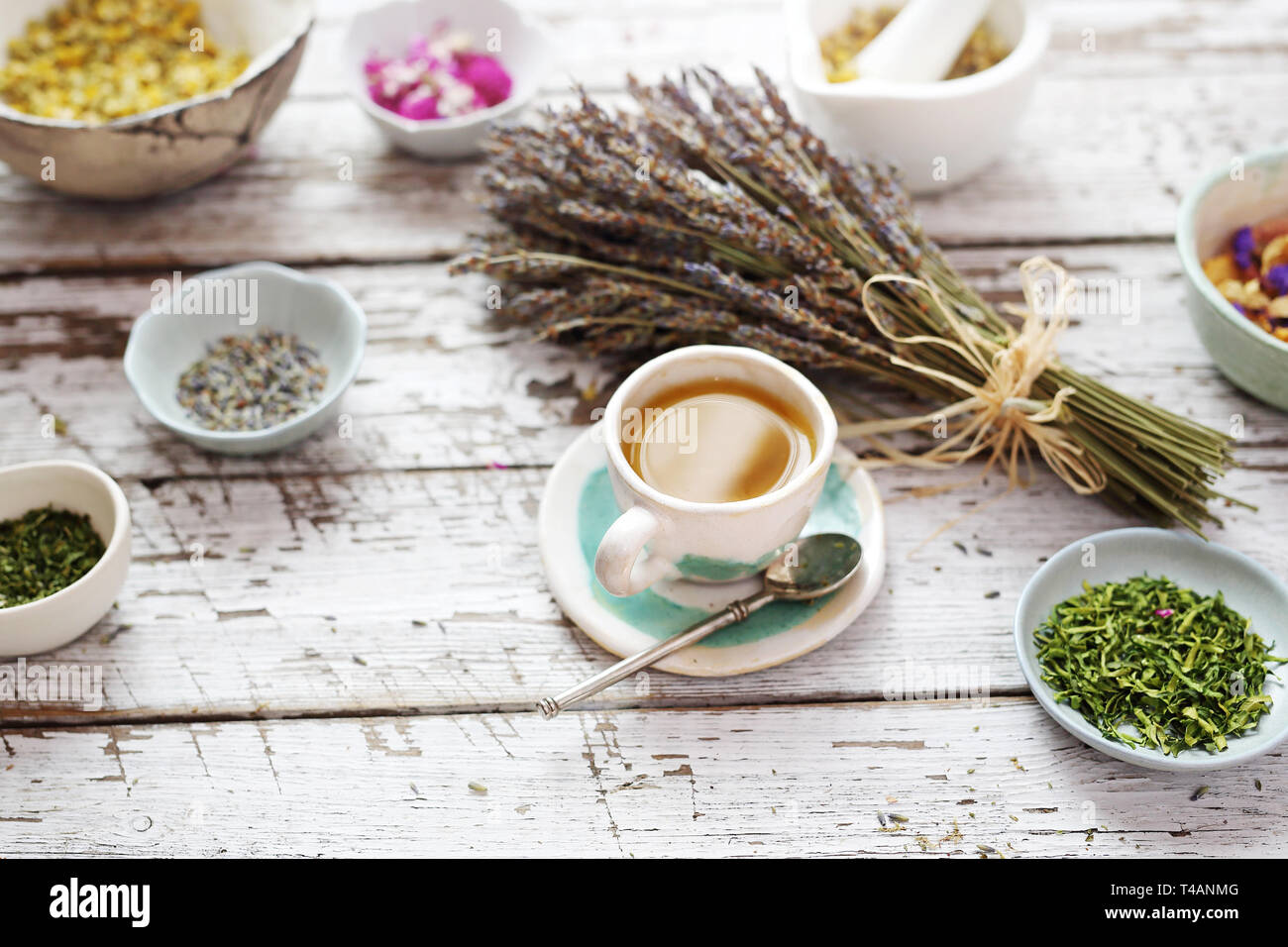 Kräutertee Kräuter mit dem Zusatz von Lavendel. Ein aromatischer Tee zur Beruhigung. Stockfoto