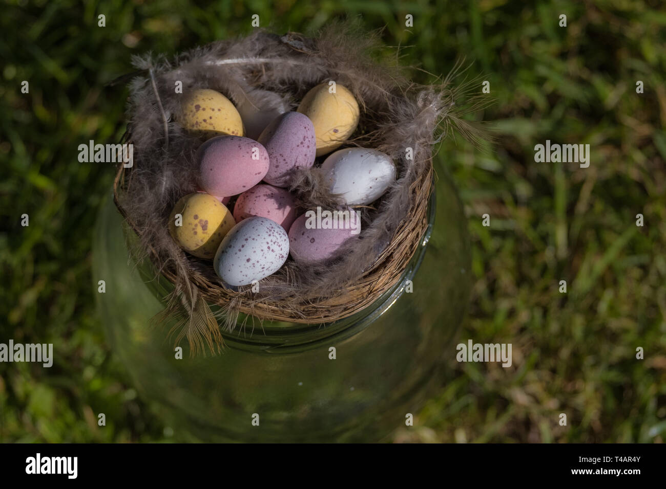 Mini Schokolade Eier in einem Nest mit Vogelfedern saß oben auf der Glas auf dem Gras. Religion/Essen und Trinken. Stockfoto