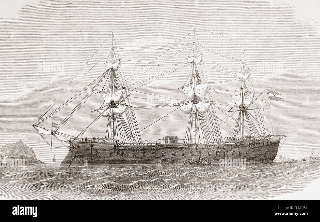 Die spanische gepanzerte Fregatte Numancia in den Hafen von Callao, Lima, Peru im Jahre 1865. Dies war das erste gepanzerte, um die Erde zu umrunden. Von der Illustrated London News, veröffentlicht 1865. Stockfoto