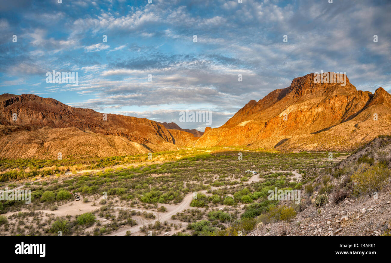 Madera Canyon von Rio Grande im Abstand bei Sonnenaufgang, untere Madera Canyon Campground, River Road in Big Bend Ranch State Park, Texas, USA Stockfoto