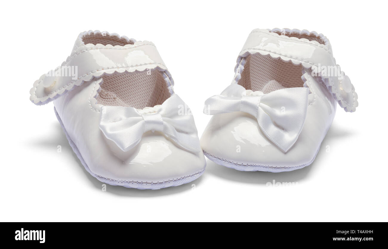 Mädchen Baby Kleidung Schuhe wies nach Innen Isoliert auf Weiss. Stockfoto