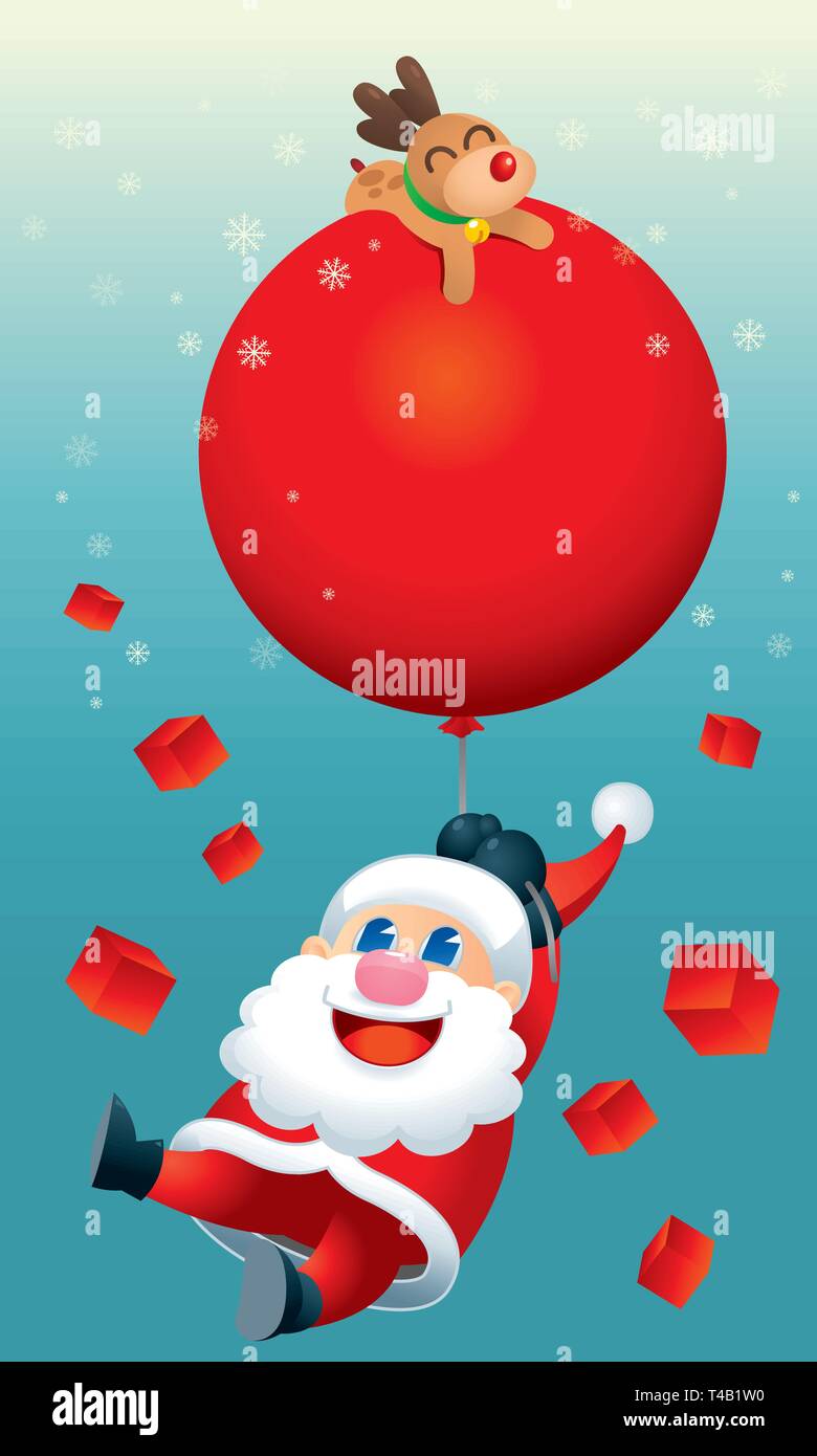 Ein niedliches Santa und seine Rentiere ist schwimmend auf dem Himmel mit riesigen Ballons. Vektor. Stock Vektor