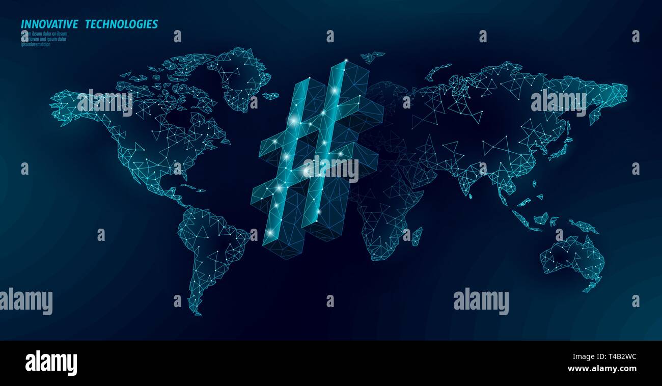 3D-hashtag Symbol dunkel blau leuchtende Low Poly. Kommunikation online social media Aktie Suche Beiträge. Informationen Innovation web Technologie global Welt Stock Vektor