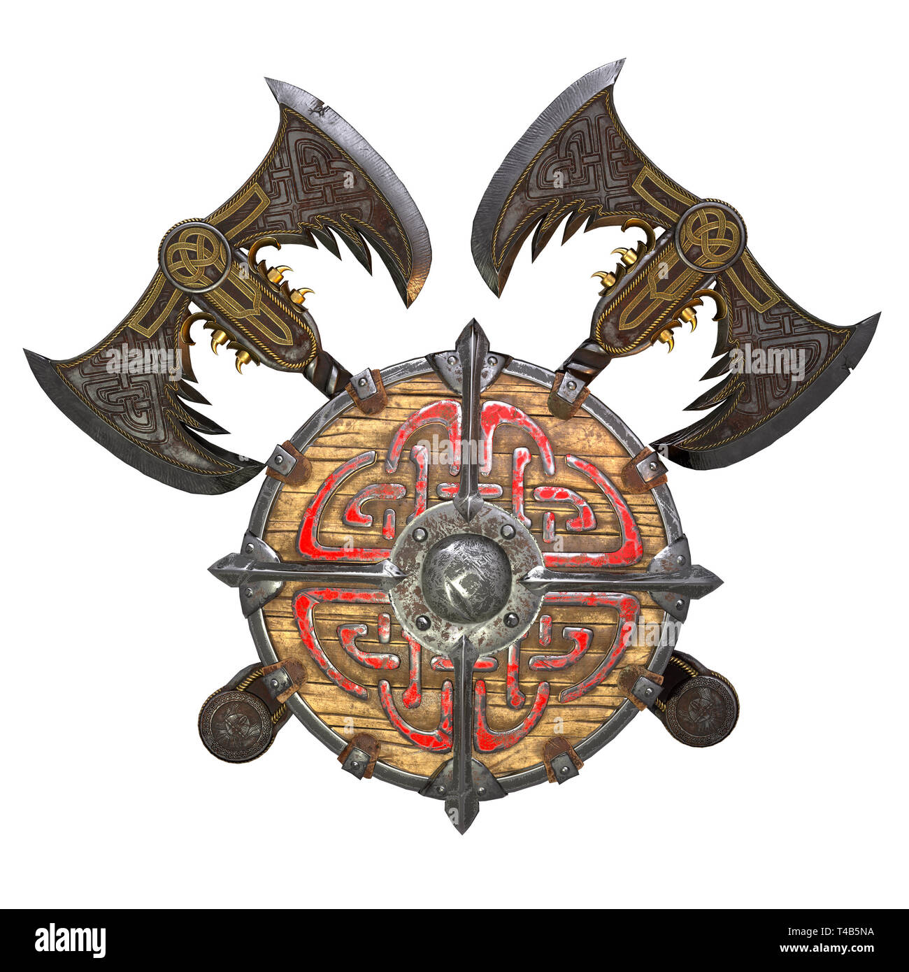 Ax und Viking shield auf einem weißen Hintergrund. 3D-Darstellung Stockfoto