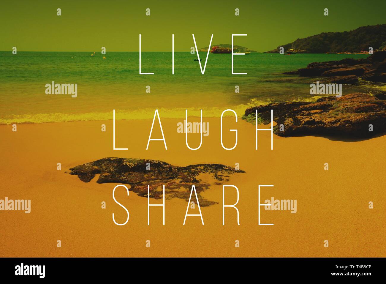 Motivierende text Poster - fröhlich Motto: Leben, Lachen teilen. Stockfoto