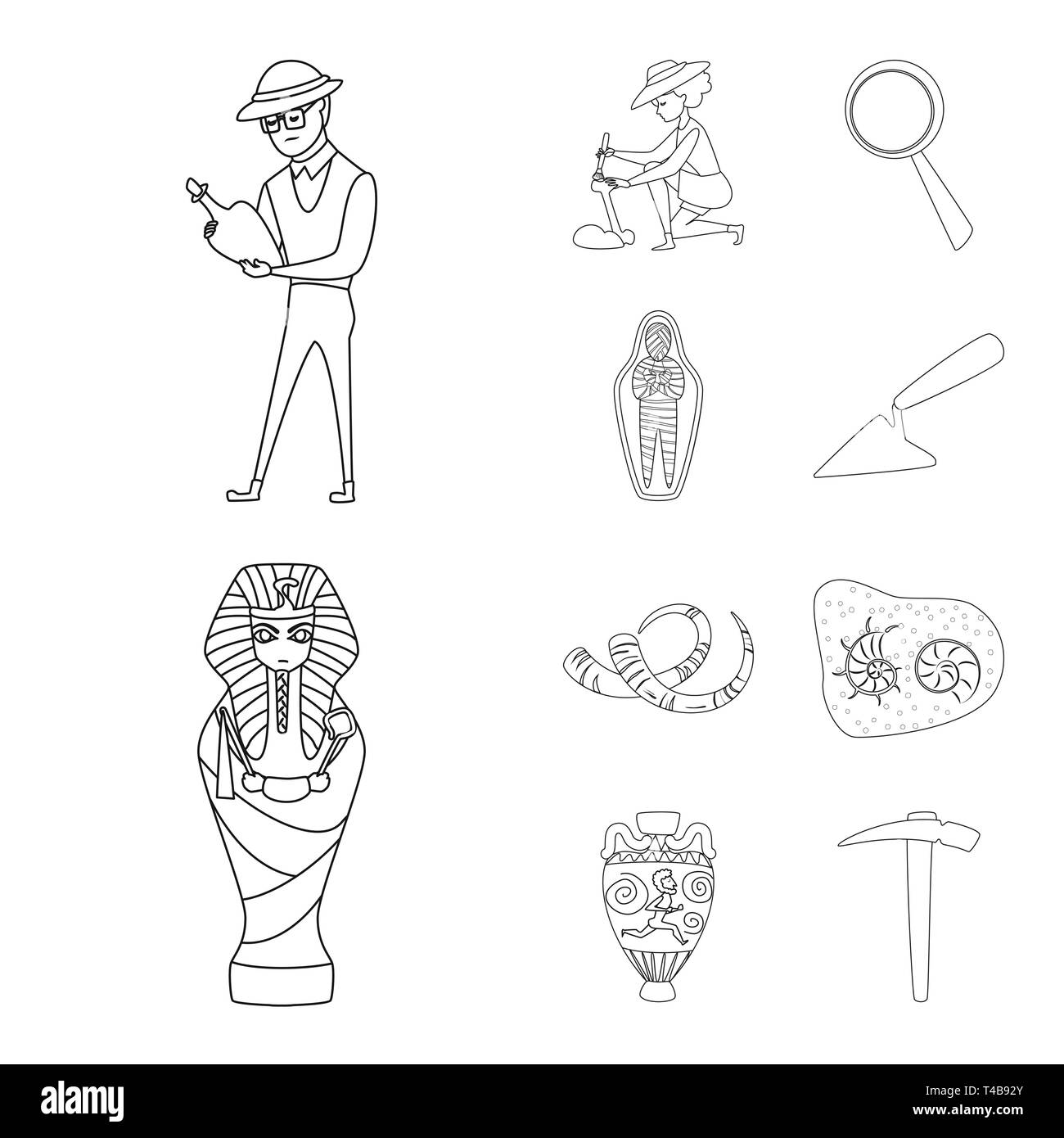 Archäologe, Linse, Mumie, Werkzeug, Sarkophag, Horn, Rock, Amphoren, Spitzhacke, menschliche, Mädchen, Glas, Antiken, Kelle, Pharao, Tusk, schwarz, Artefakt, Pick, Sucher, Zoom, Reparatur, Tod, Schatz, Griechisch, suchen, Graben, Mikroskop, Geschichte, Forschung, Ausgrabung, Entdeckung, Arbeiten, Artikel, Museum, Attribute, Archäologie, historische, Set, Vector, Icon, Illustration, isoliert, Sammlung, Design, Element, Grafik, Zeichen, Outline, Linie Vektor Vektoren, Stock Vektor