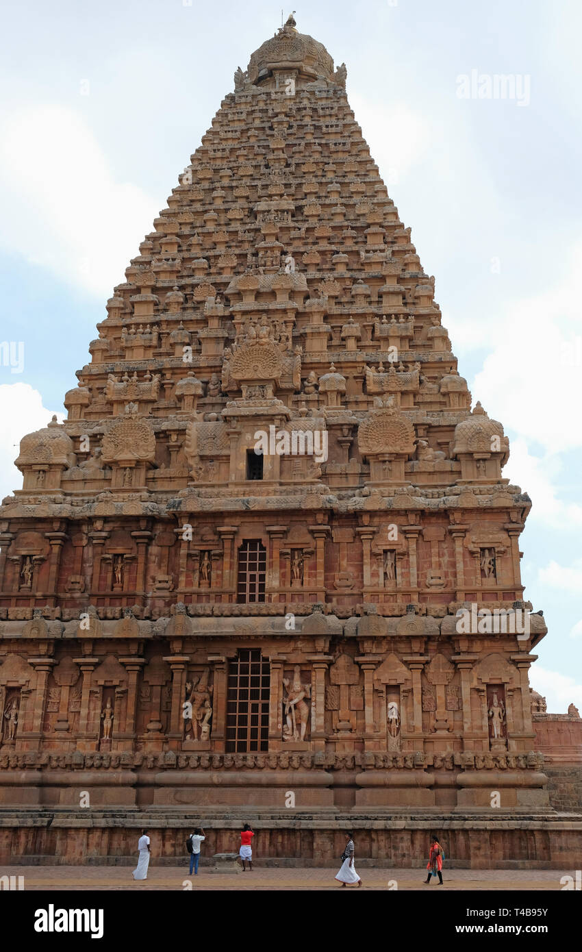 Tanjore, Indien - 15. März 2018: Der 16-stöckigen Vimana, oder den Schrein, der Brihadeshwara Hindu Tempel in Tamil Nadu Stockfoto