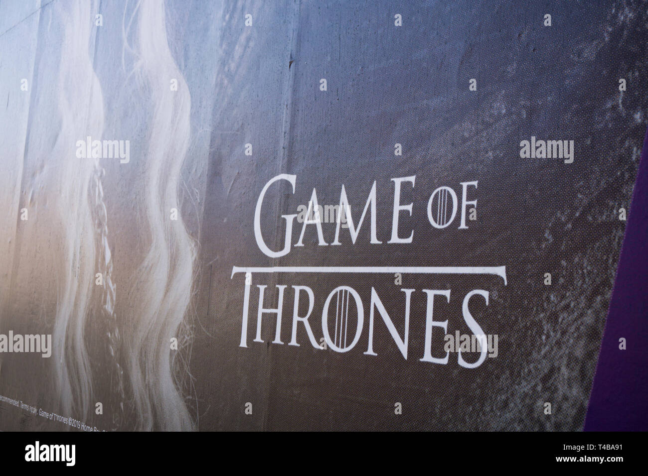 LONDON, Großbritannien - 15 April, 2019: Spiel der Throne Plakatwand in London. Spiel der Throne ist eine TV-Serie für HBO gemacht Stockfoto