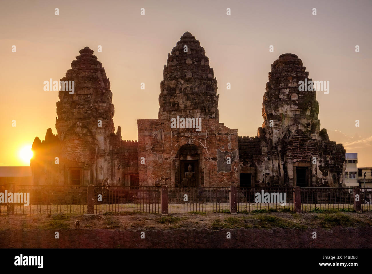 Sonnenuntergang über antike Monument (Phra Prang Sam Yot) Khmer Stil mit Affen Stockfoto