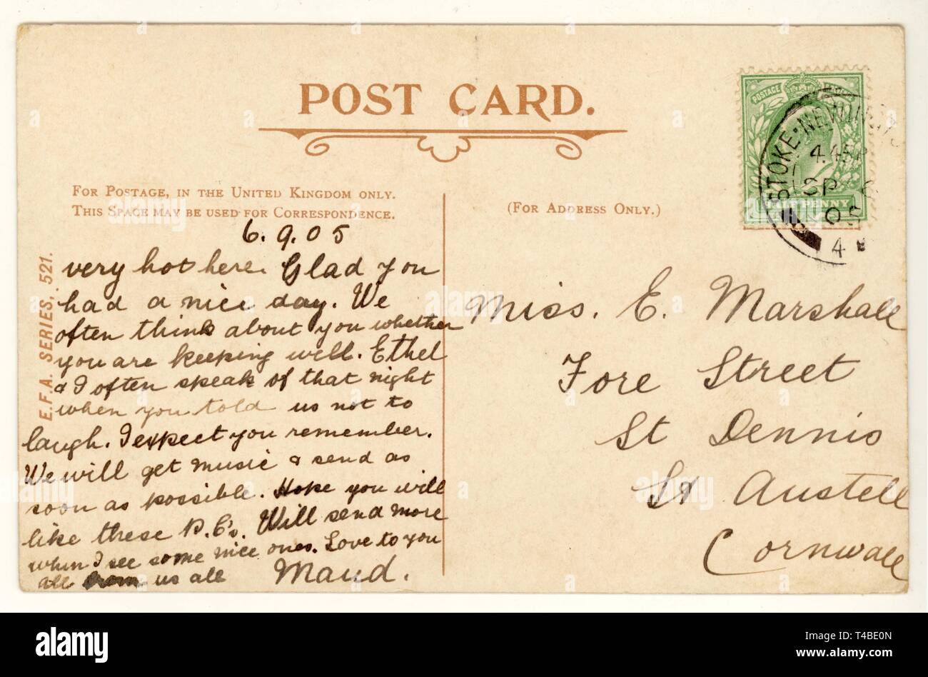 Umkehrbuchung von Anfang 1900 Postkarte, Postmarked 1905, Großbritannien Stockfoto