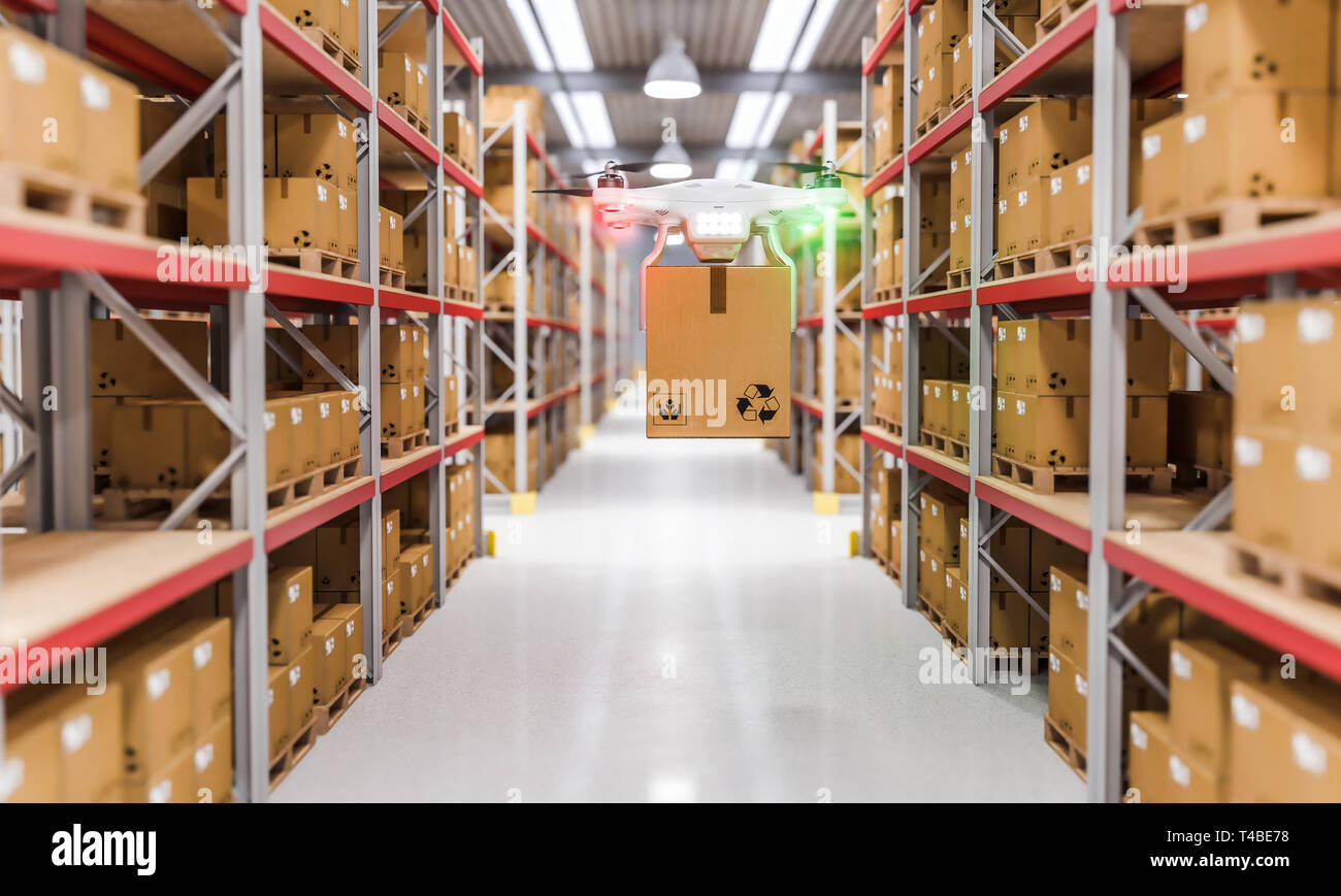 3D-rendering Bild von Drohnen bei der Arbeit in einem Lager voll von Waren. Konzept der automatisierten Logistik und schnelle Lieferung. Stockfoto