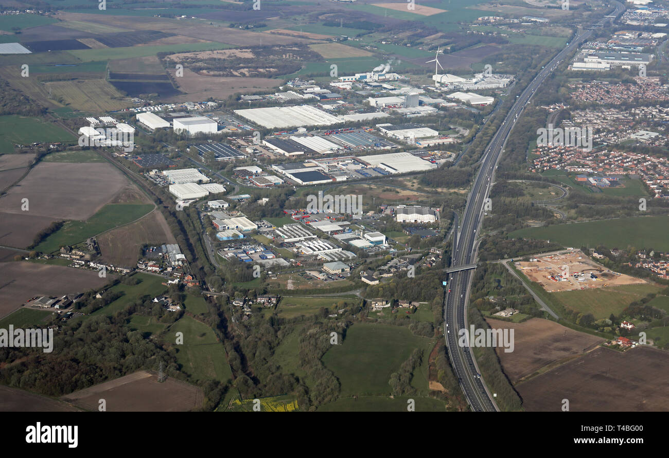 Luftaufnahme von Pimbo Industrial Estate (Orbit Entwicklungen), Skelmersdale, Wigan, Lancashire Stockfoto