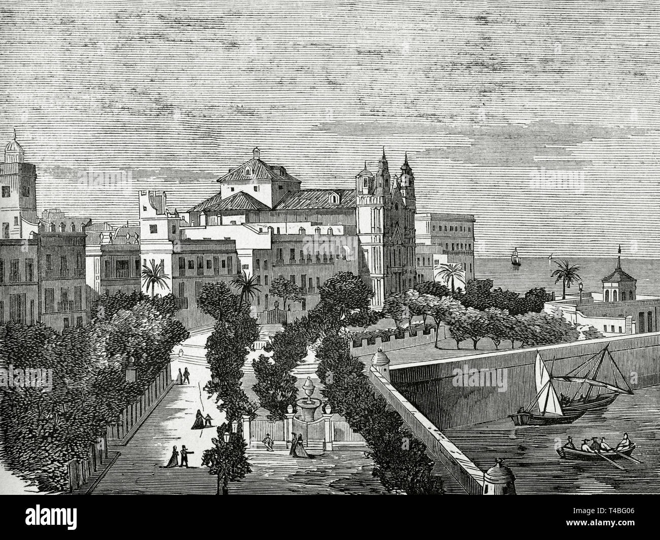 Spanien, Andalusien, Cadiz. Alameda Avenue der Marquis von Comillas und Barocke Kirche El Carmen. Gravur. Cronica de España, Historia y Ilustrada Descriptiva de Sus Provincias. Andalusien, 1867. Stockfoto