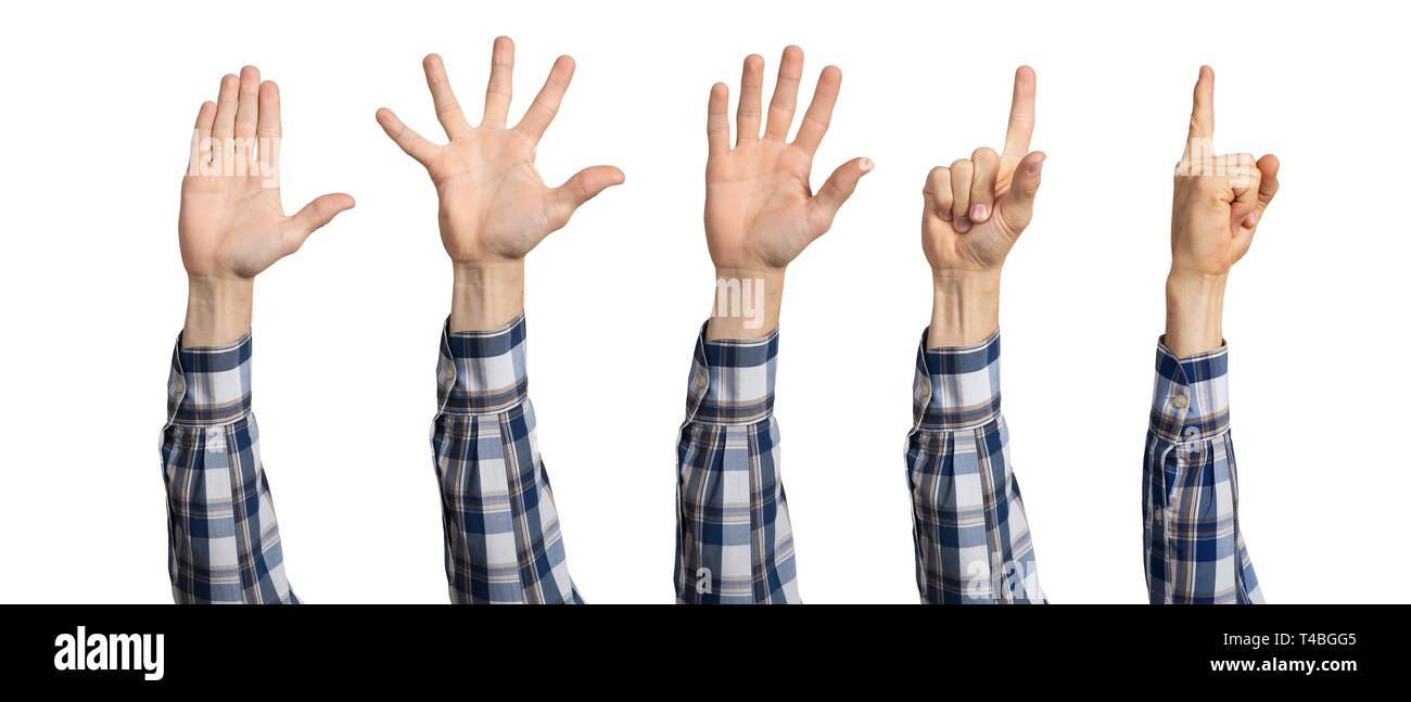 Mann die Hände in Shirt, verschiedene Gesten. Palm öffnen, mit dem Finger auf jemanden zu zeigen, die sich die Finger und Abstimmung Zeichen. Menschliche Hand gestikulierend auf weißem Hinterg isoliert Stockfoto
