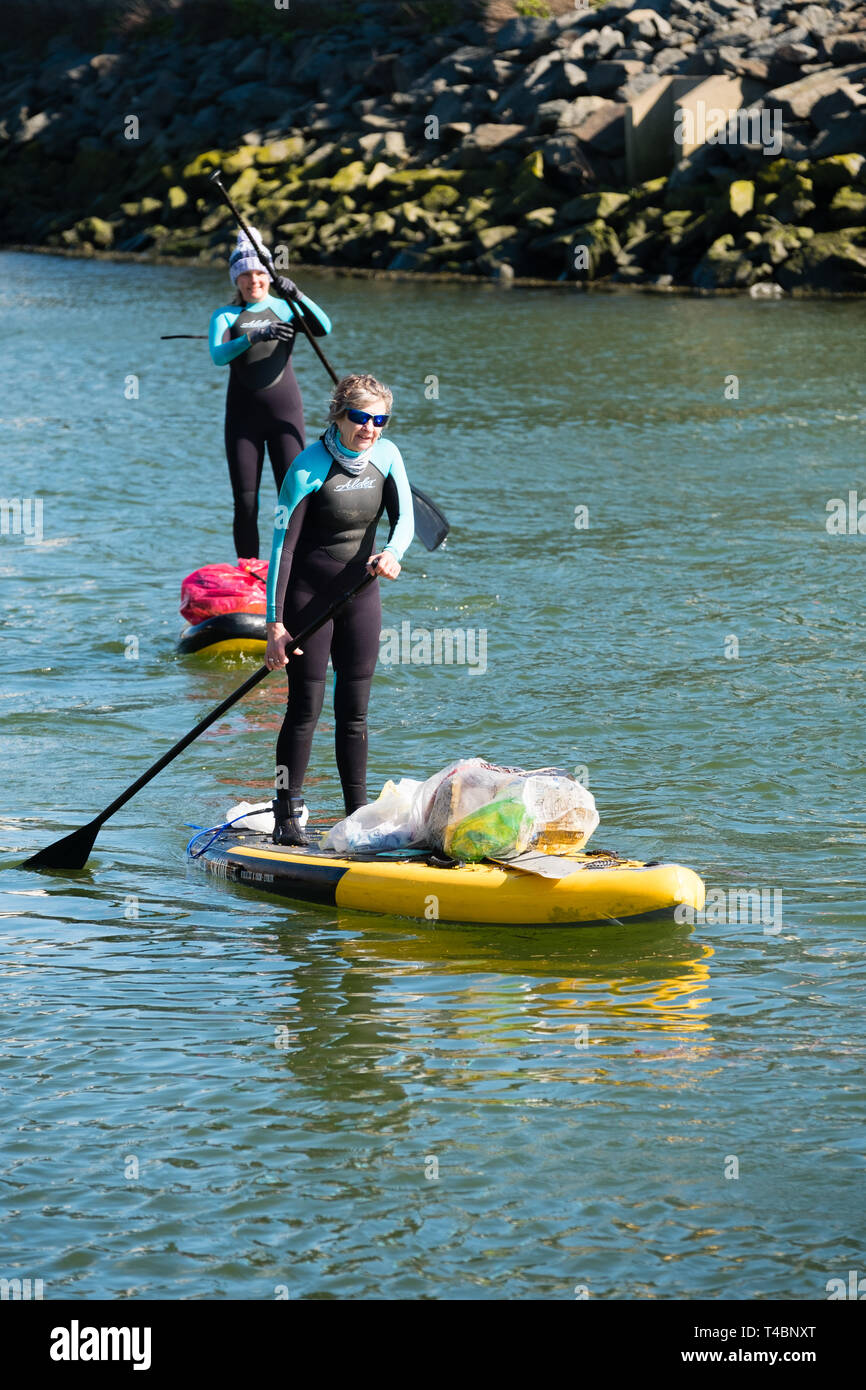 Zwei erwachsene Frauen auf Stand up Paddleboards freiwillig an einem Fluss sauber, Kommissionierung bis Kunststoff und anderen Arten von Müll, von Aberystwyth Beach Buddies/Gwerin y Glannau entlang des Flusses Rheidol in Aberystwyth, Wales UK organisiert Stockfoto