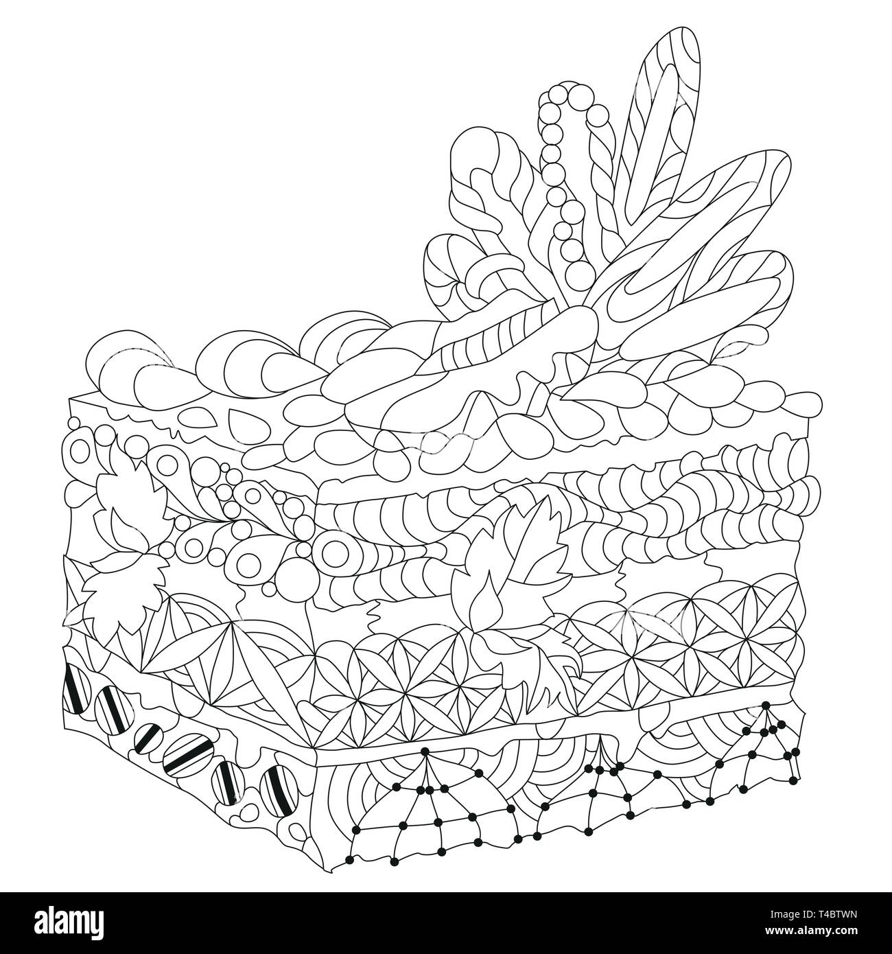Vektor Stück Kuchen mit abstrakten Ornamenten. Hand gezeichnete Illustration für Malbuch für Erwachsene in der zentangle, doodle Stil. Malvorlagen. Stock Vektor