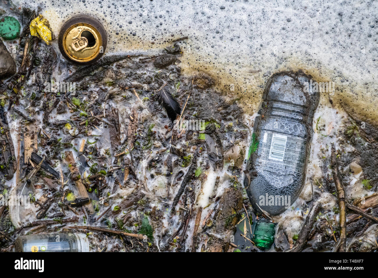 Plastikflasche und können Abfälle Schadstoffe eine Wasserstraße. Stockfoto