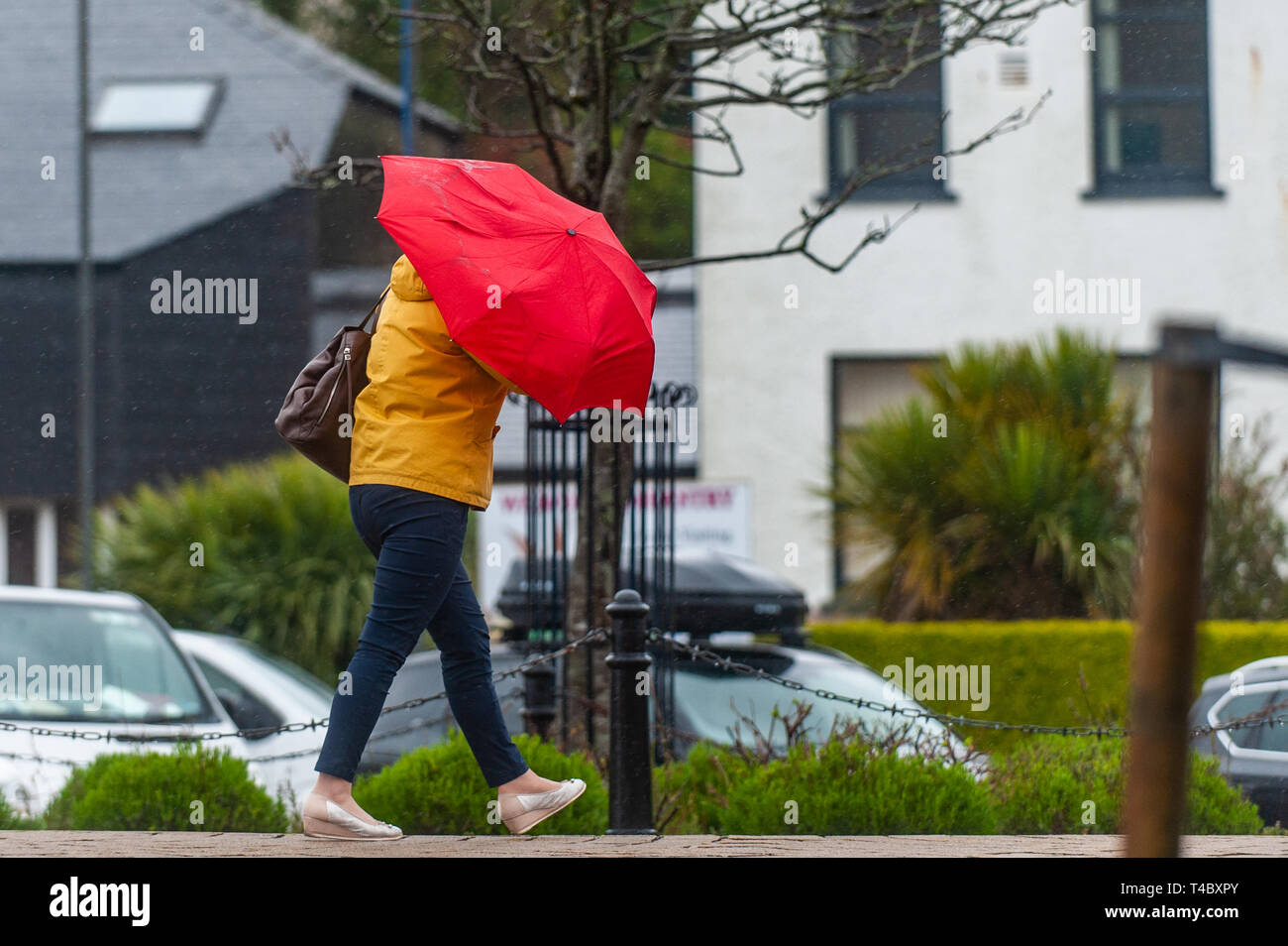 Bantry, West Cork, Irland. 15 Apr, 2019. Viel in Irland befindet sich mitten in einem Status Orange Niederschlag Warnung und ein Status Gelb Wind Warnung, ausgestellt von Met Éireann. Der Wind weht Windstärke in Bantry, wo diese Frau mit ihrem Schirm gekämpft. Credit: Andy Gibson/Alamy Leben Nachrichten. Stockfoto