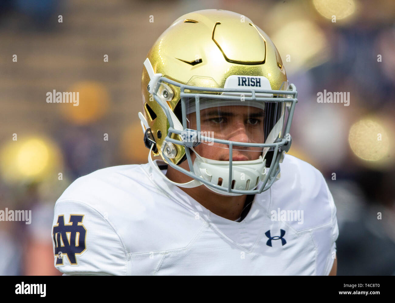 April 13, 2019: Notre Dame Sicherheit Alohi Gilman (11) Während die Notre Dame 90. jährlichen Blue-Gold Frühling Fußball-Spiel im Notre Dame Stadium in South Bend, Indiana. Mit einem benutzerdefinierten zählendes Format, die Verteidigung erwarb einen 58-45 Sieg über die Handlung. Johann Mersits/CSM Stockfoto