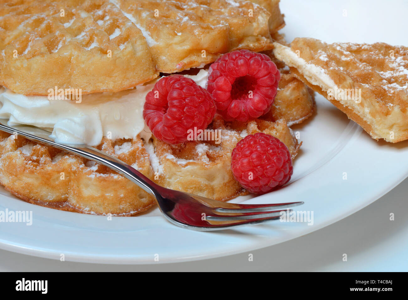 Waffel mit Himbeeren und Schlagsahne Stockfoto