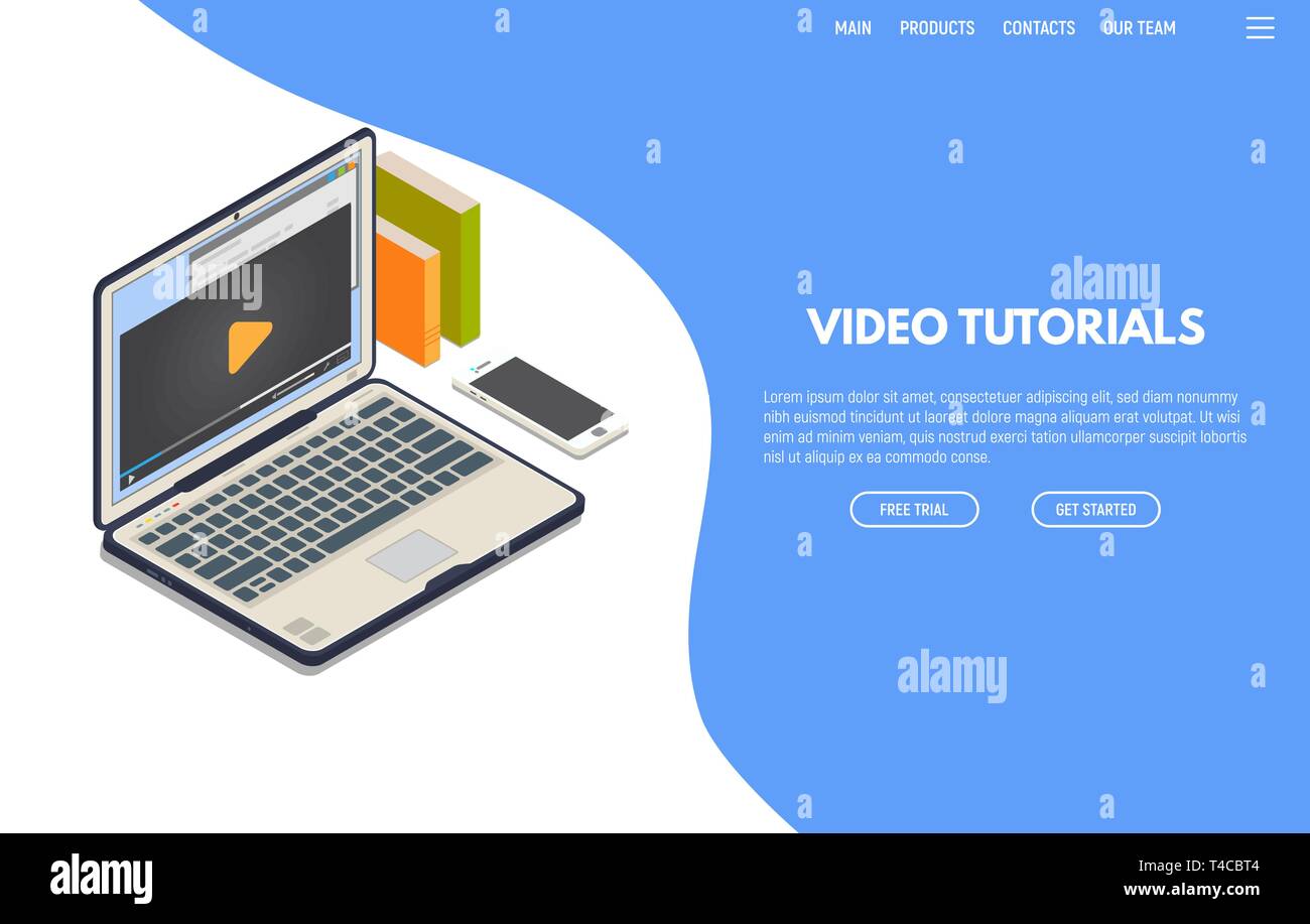 Online video computer Web App. Isometrische Laptop mit online Video Wiedergabe auf dem Bildschirm und Telefon. Online Bildung und Studium. Computer Training und ein Stock Vektor