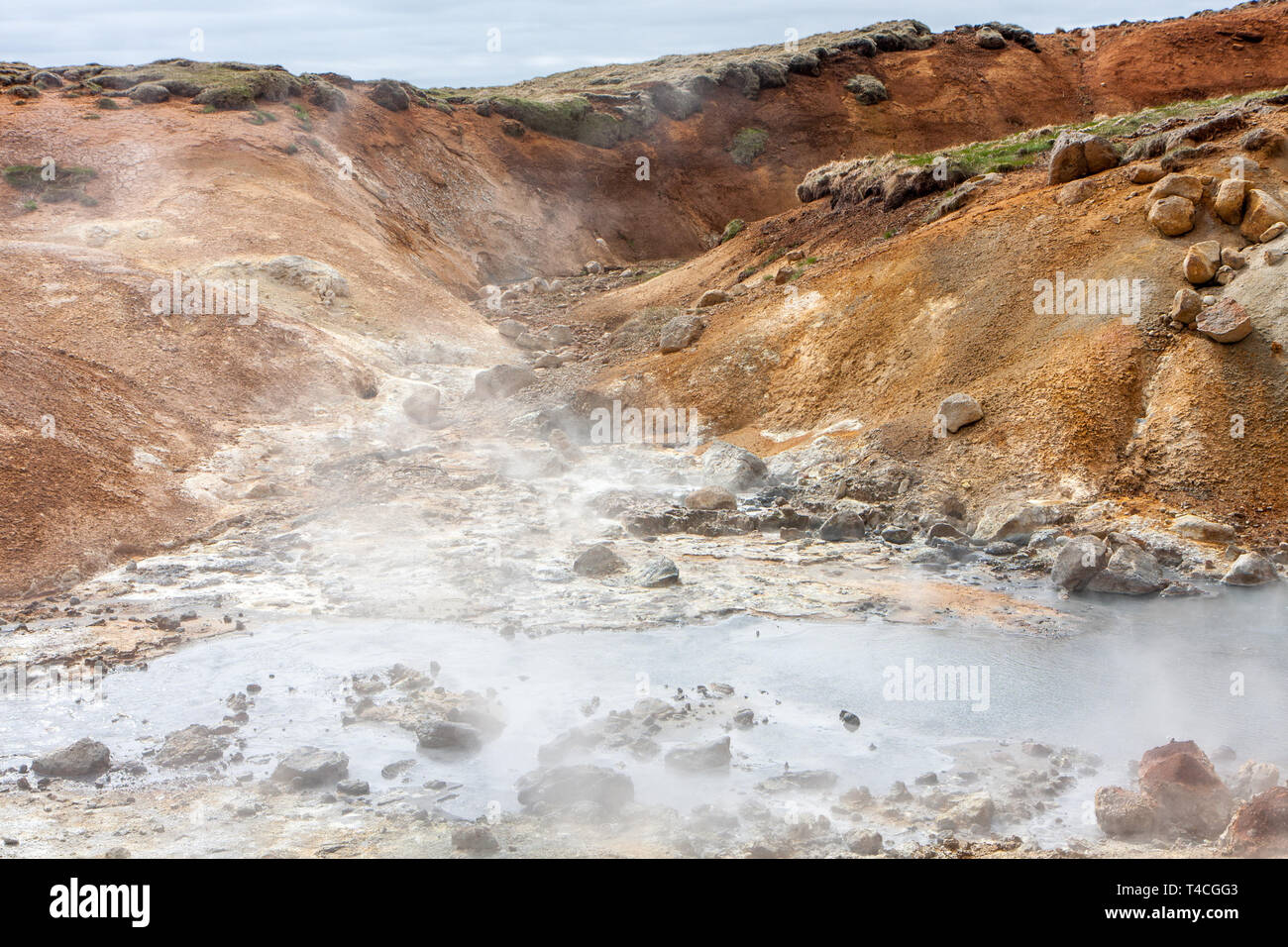 Blick auf den heißen Dampf emittierende Schwefelsäure Salz Federn in der Felsspalte, Krysuvík, Island Stockfoto