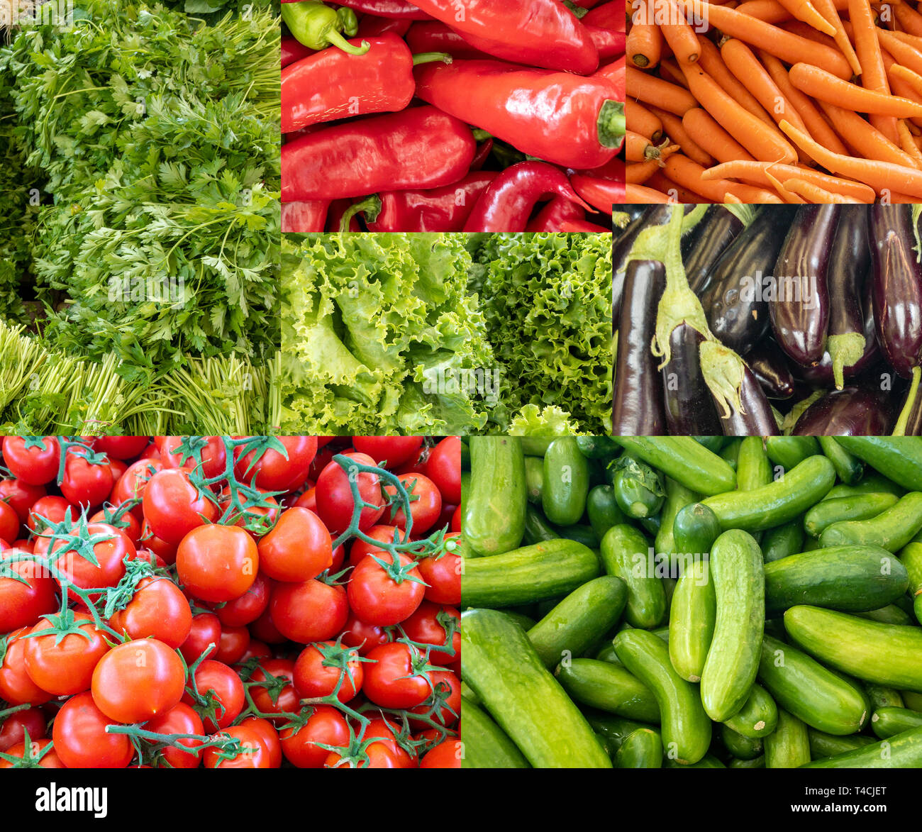 Collage verschiedener Lebensmittel Märkte voller Gemüse. Stockfoto