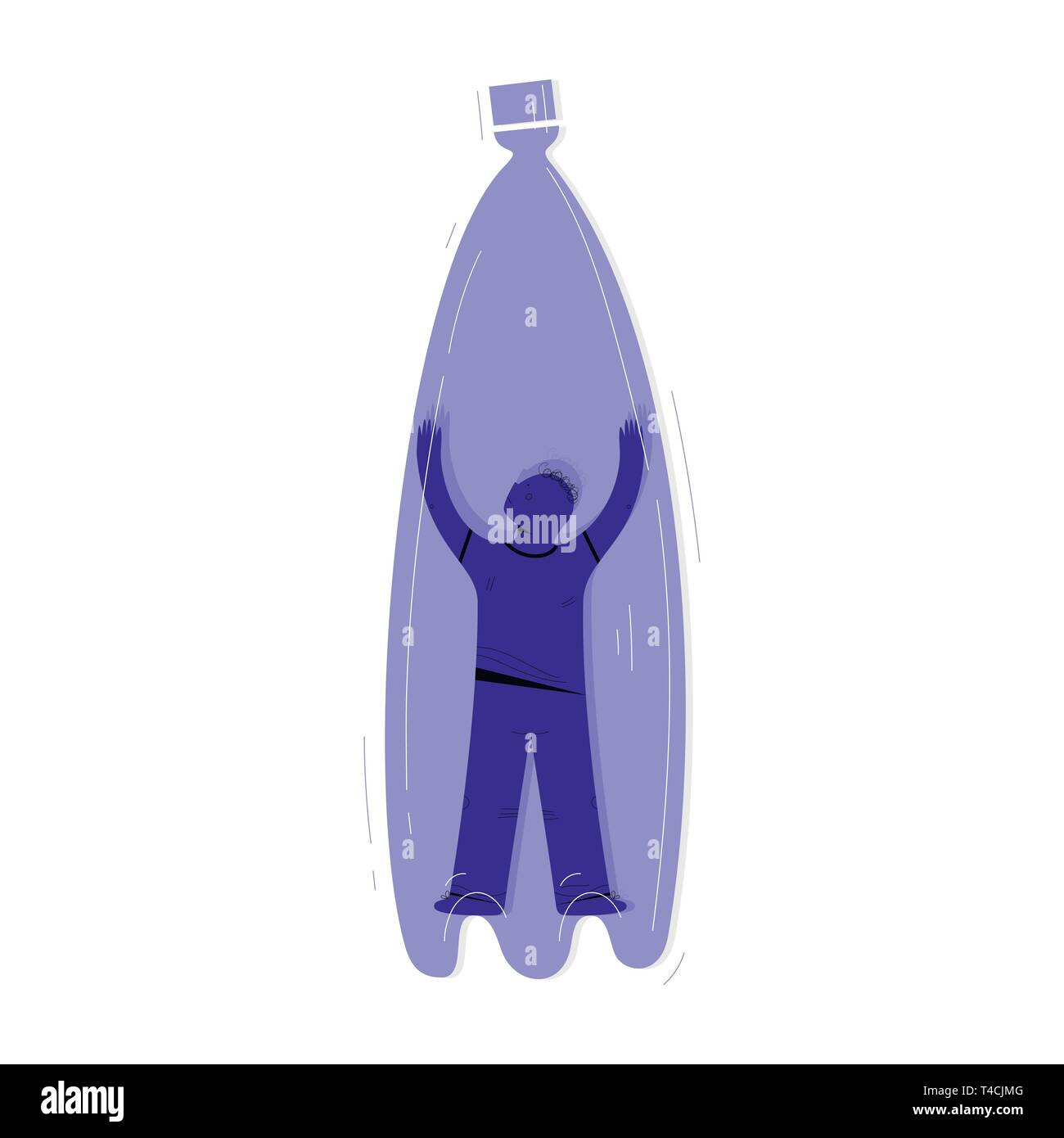 Null Abfall, Ökologie schutz Vector Illustration. Mann gefangen in Plastikflasche cartoon Charakter. Müll recyceln, Umwelt Zeichnung speichern. Verunreinigung problem isoliert Design Element Stock Vektor